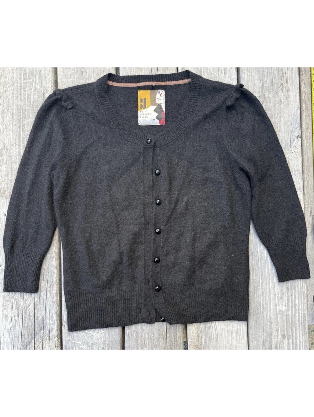 Betty Jackson Black Angora Blend Puff Shoulder Cardigan‎ Sweater Black Size 12